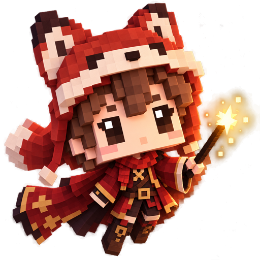 A boy in a red fox hood and wizard robe, raising a sparkling wand
