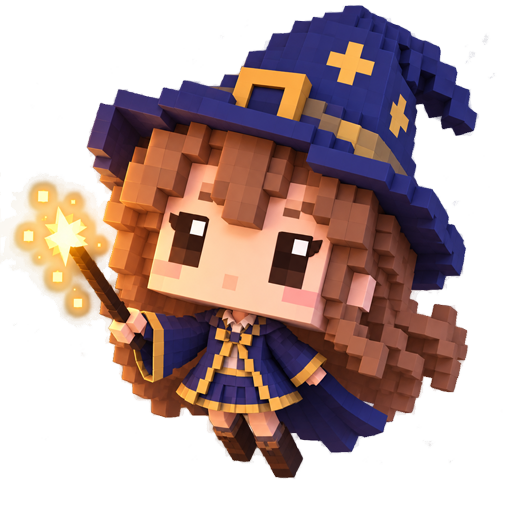 A girl in a starry blue witch hat, raising a sparkling wand